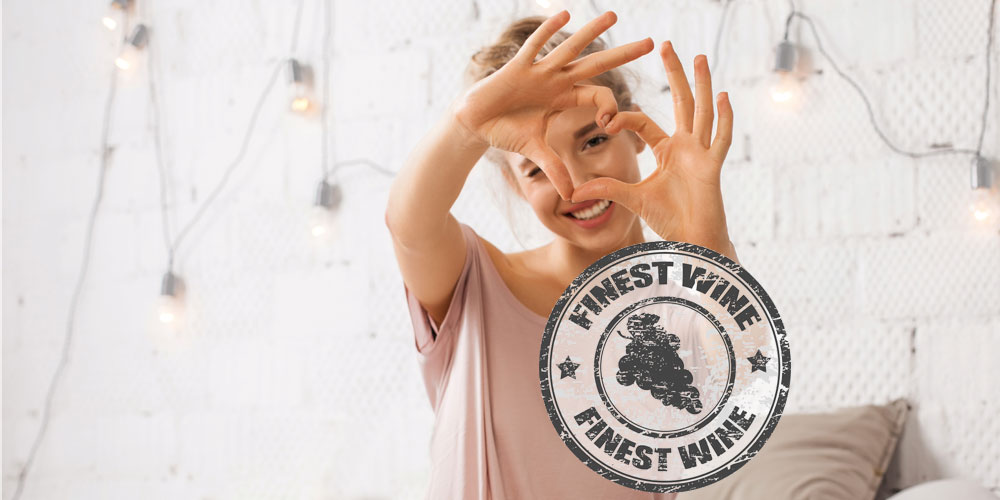 Frau formt mit Ihren Händen ein Herz, daneben ist ein Stempel mit einer Weinrebe und der Aufschrift "Finest Wine" sichtbar