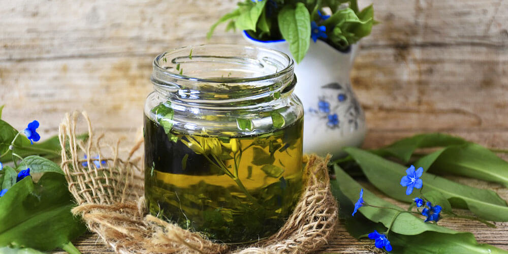 Bärlauch, frisch gesammelt und ein Glas mit dem eingelegten Wildkraut in Olivenöl