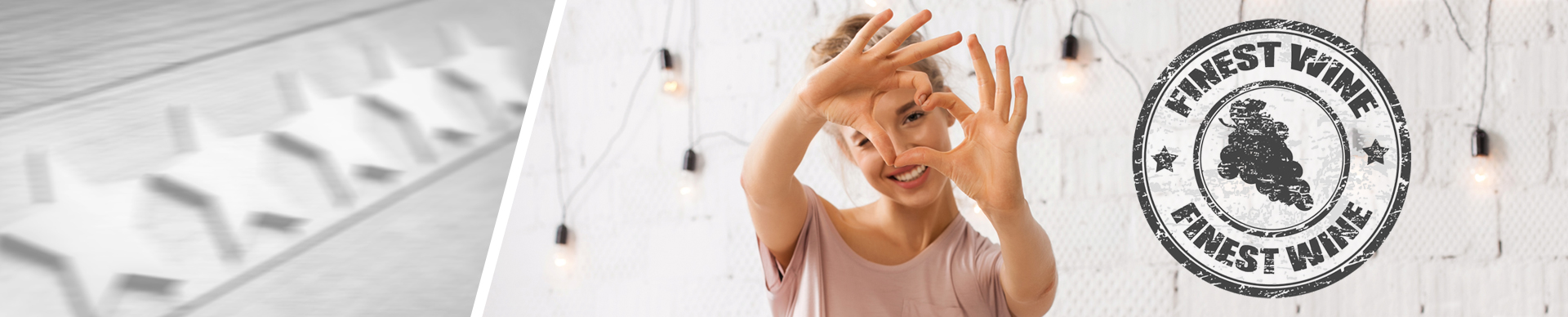 Frau formt mit Ihren Händen ein Herz, daneben ist ein Stempel mit einer Weinrebe und der Aufschrift "Finest Wine" sichtbar